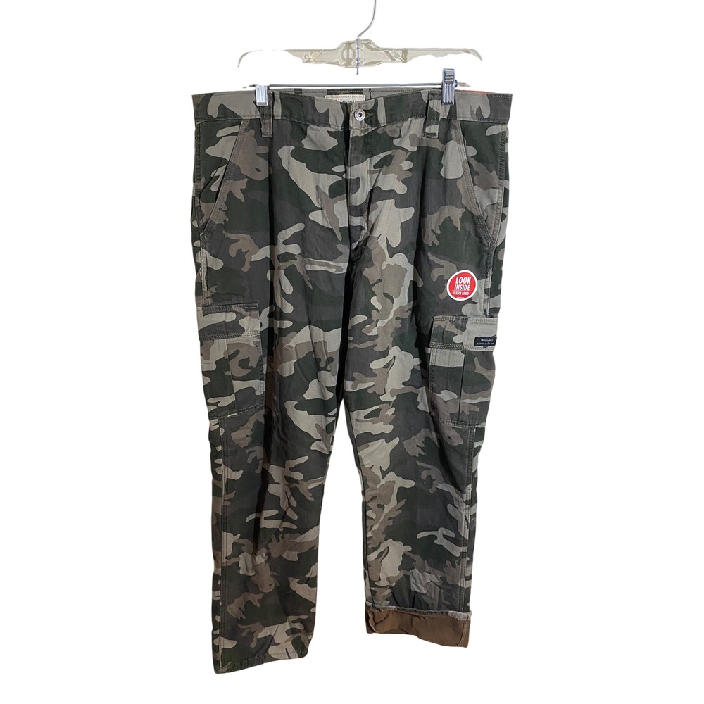 Wrangler Mens Fleece Lined Relaxed Fit Cargo Pants Camo Green‎ 36x34 NEW